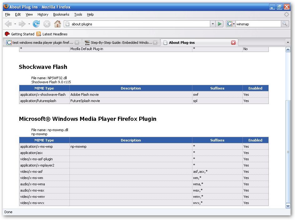 The Firefox about:plugins page with WMP11 plugin installed
