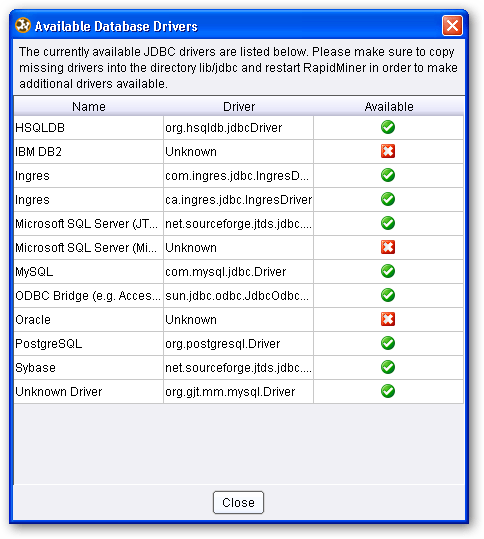 Available data drivers window