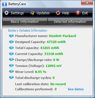 Showing detailed information about battery