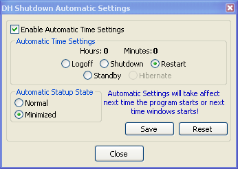 Automatic Settings window