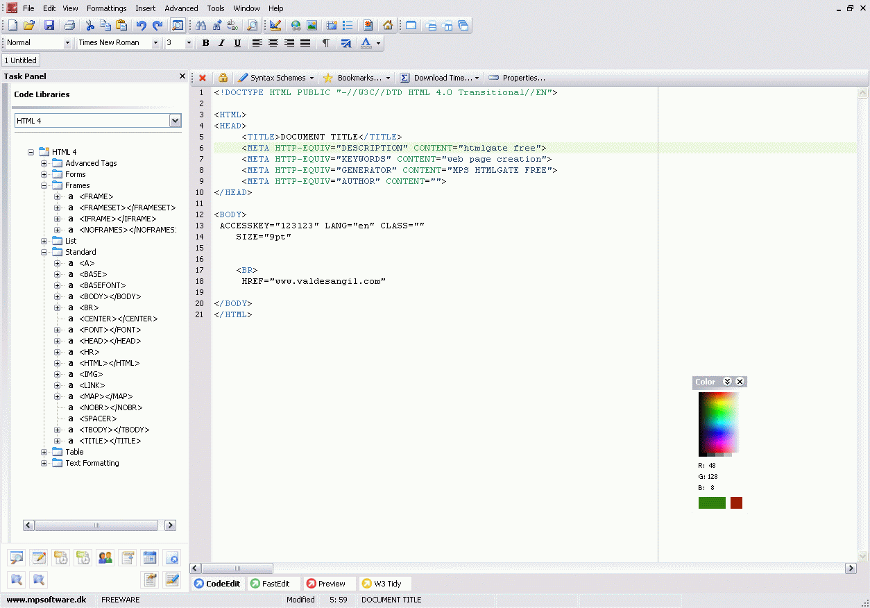 HTML creation window
