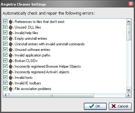 Registry cleaner settings