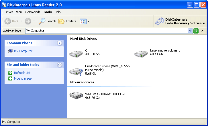 The main window shows the Linux partitions and disks actually connected.