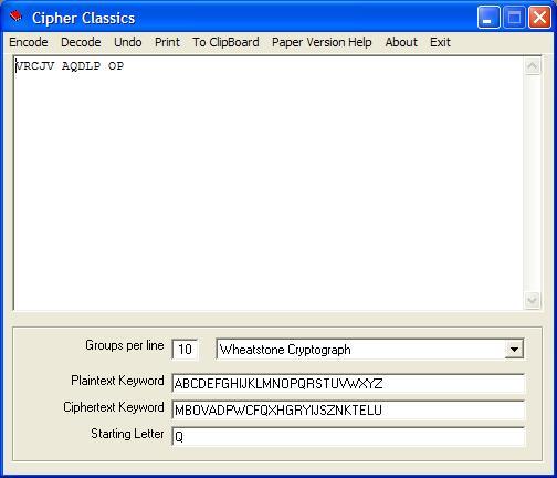 Encoded Text Using the Wheatstone Cryptograph