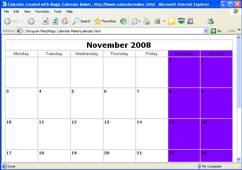 Sample calendar