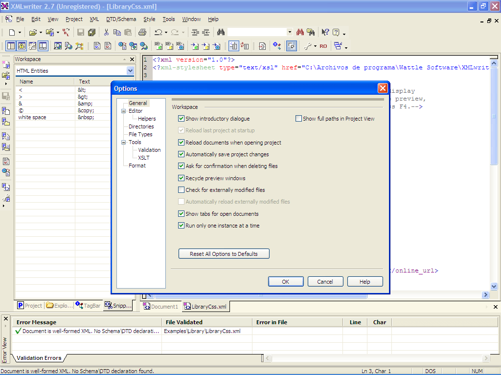 XMLWriter options window