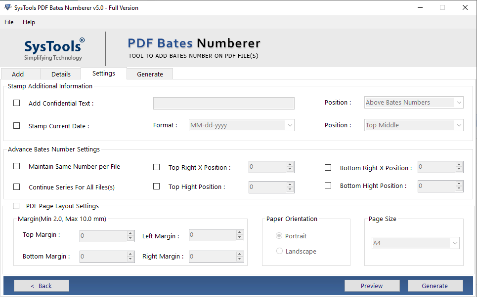 Do Settings for Bates Numbers