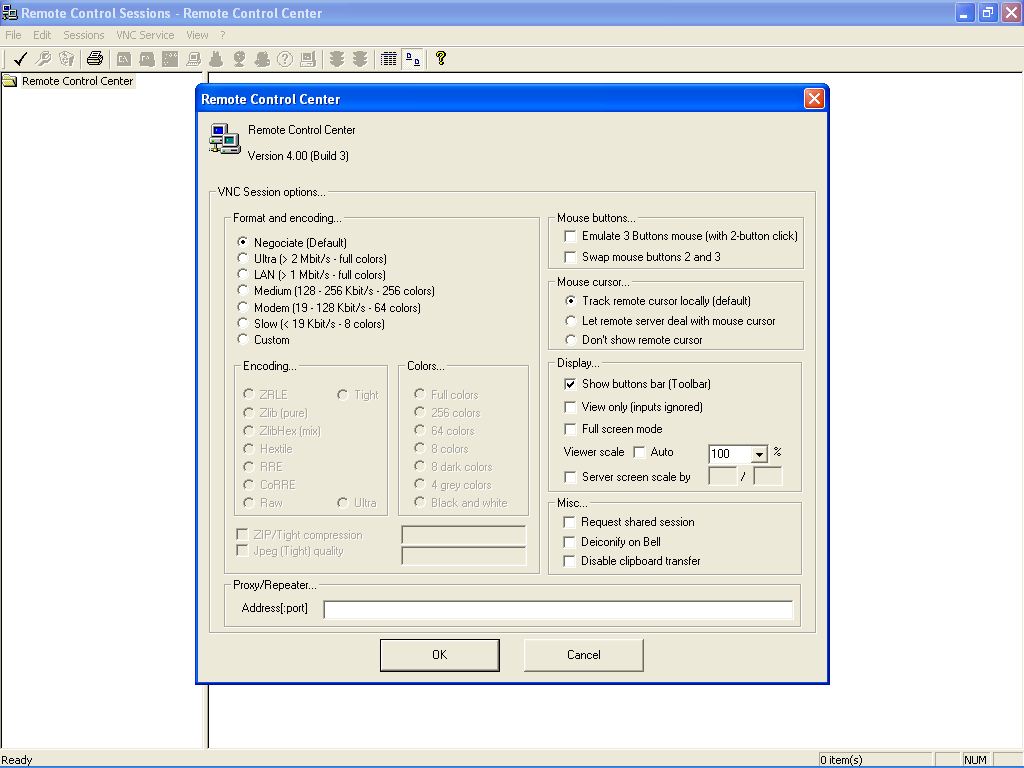 VNC Session options window 