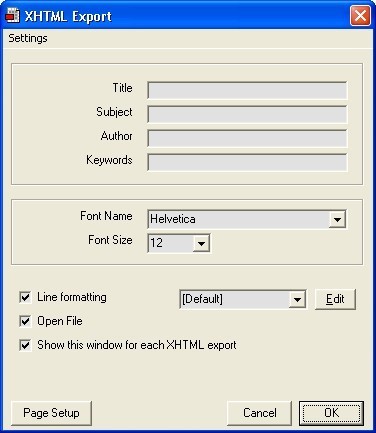 XHTML Export detail window