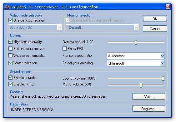 Galleon screensaver-Settings