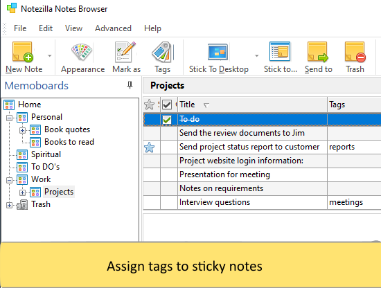 Assign tags to sticky notes