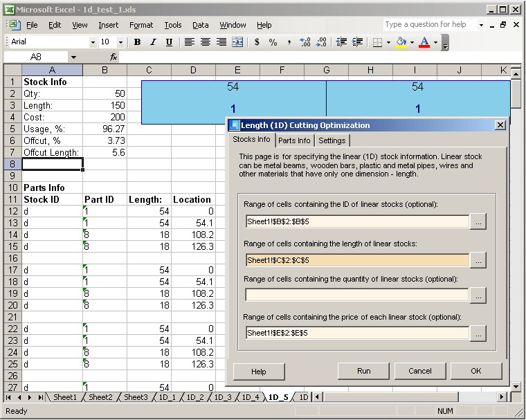 1DCutX interface within Excel 2003