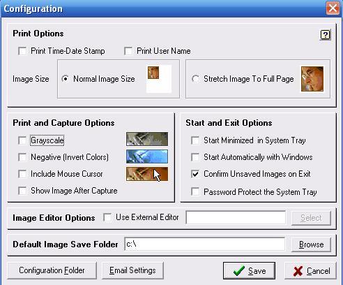Screen Print Configuration options.