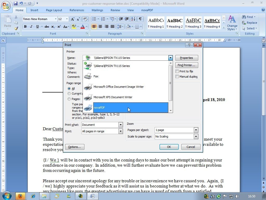 Selecting novaPDF Printer