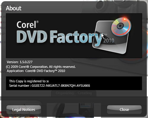 About window - DVD Factory