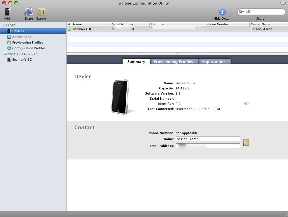 iPhone Configuration Utility main window