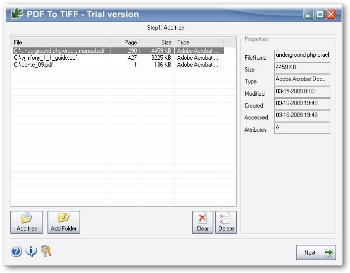 Main window, adding the PDF files