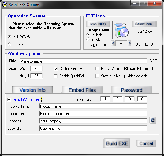 Advanced BAT to EXE Converter - Select EXE Options dialog