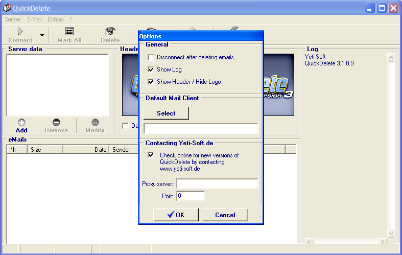 QuickDelete options window