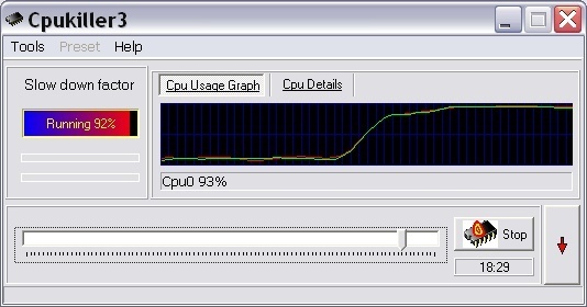 Running Cpukiller3 - CPU usage at 92%