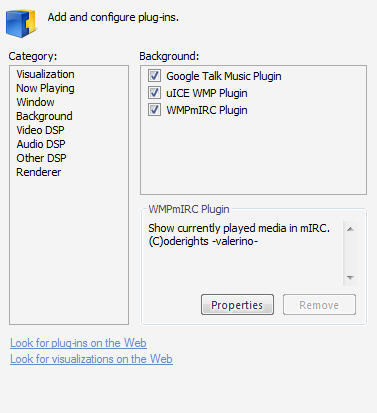 WMPmIRC Plugin in WMP Plugin List