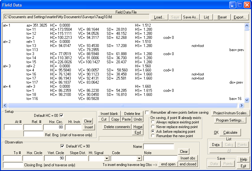 Field data processing dialog: a 3D loop traverse with side-shots.