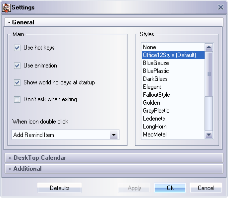 Settings window