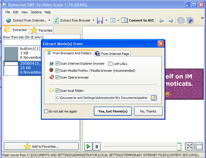 Option to extract Swf files from Internet browser.