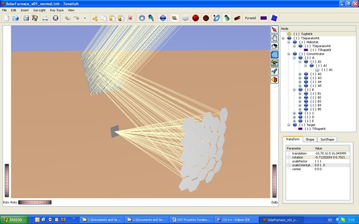 Tonatiuh's GUI during the simulation of NREL´s Solar Furnace. 