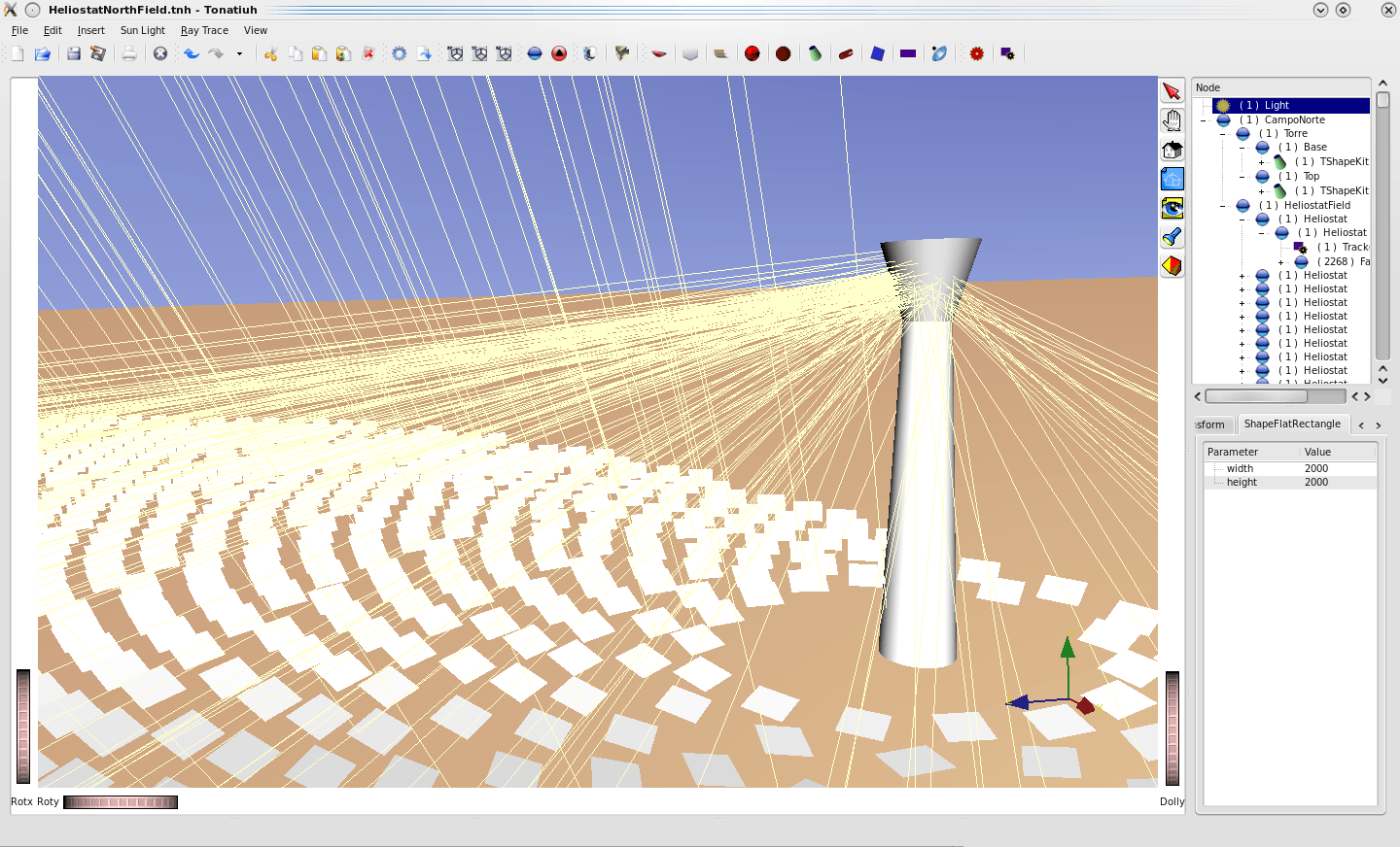 Tonatiuh's GUI during the simulation of a large solar tower plant..