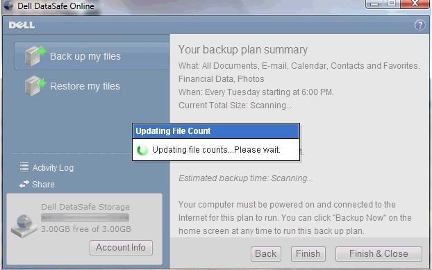 Loading settings after accepted default backup plan