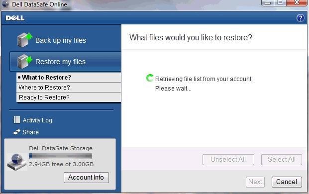 Retrieving file list to restore from server