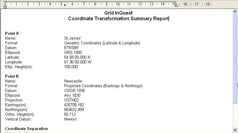 Coordinate transformation summary report