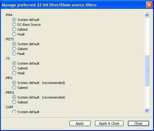Select Preferred 32-bit DirectShow Filters