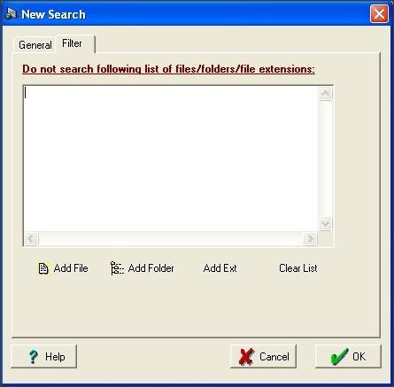 New Search Window - Filter Tab