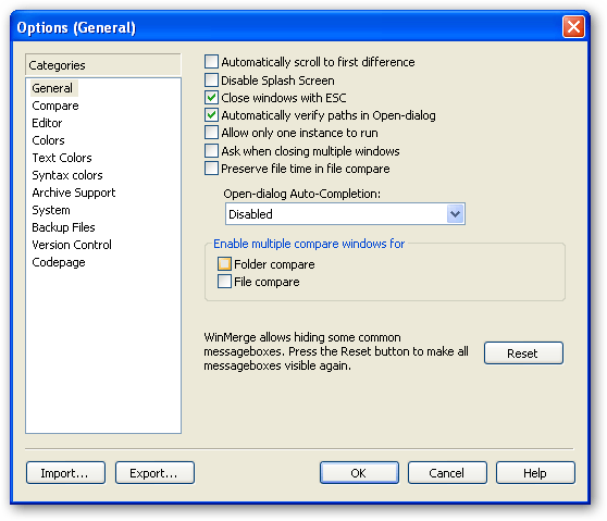 Options window