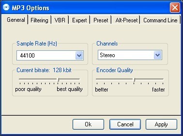 MP3 Format Configuration Window