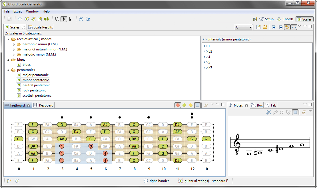  Scale Support - The Chord Scale Generator also allows the presentation of scales and enables calculations to find matching scales to a melody or riff.