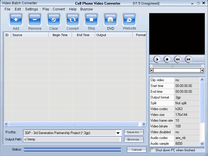 Cell Phone Video Converter Window