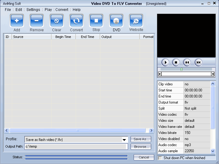 Video DVD To FLV Converter window