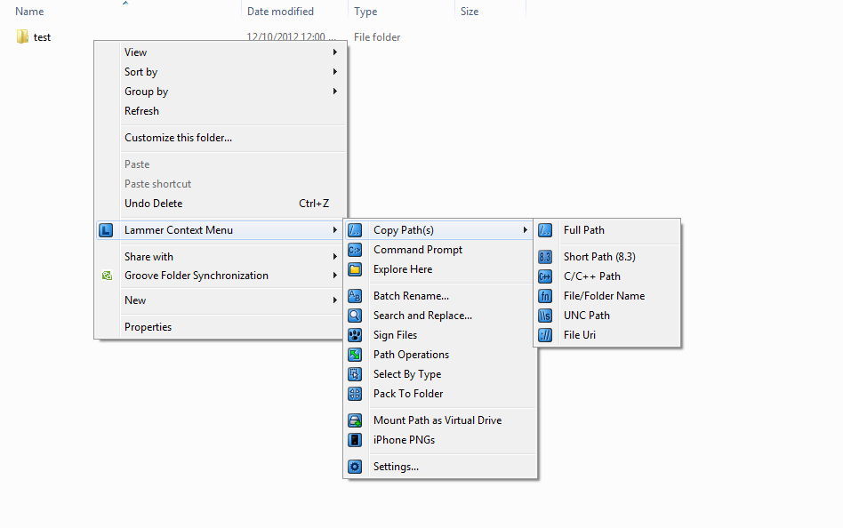 Context Menu for a Folder