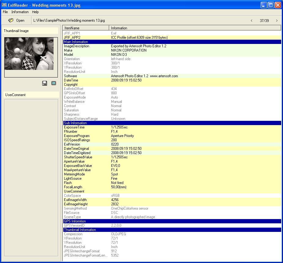 Showing EXIF Metadata