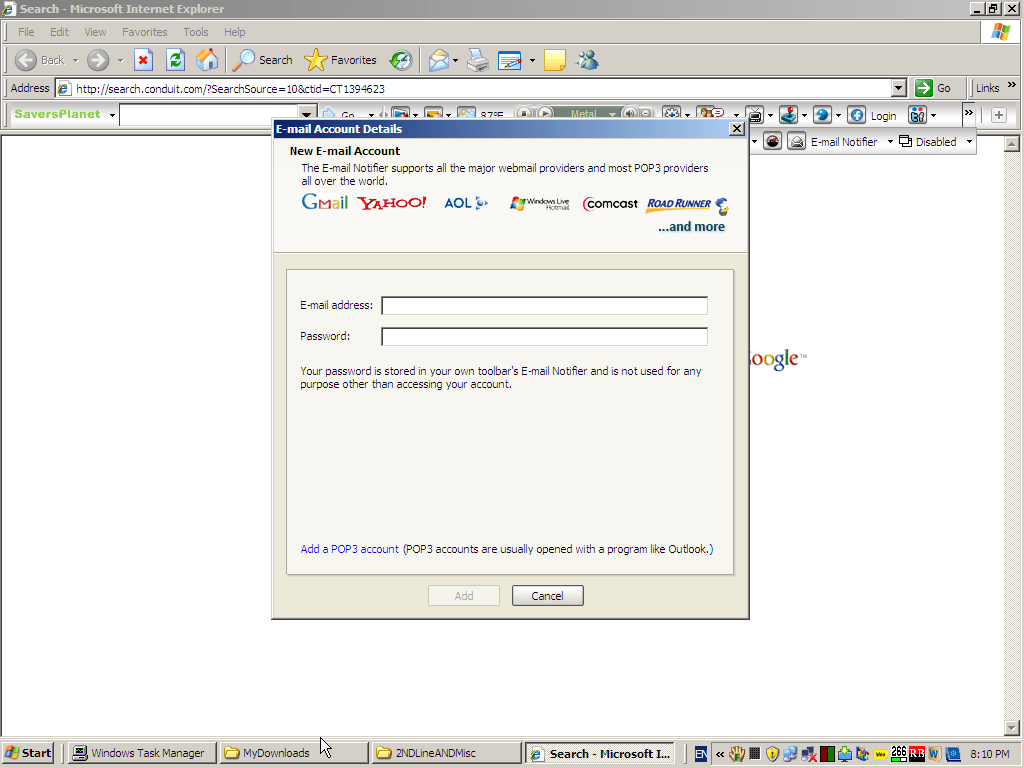 E-mail Notifier Setup Window