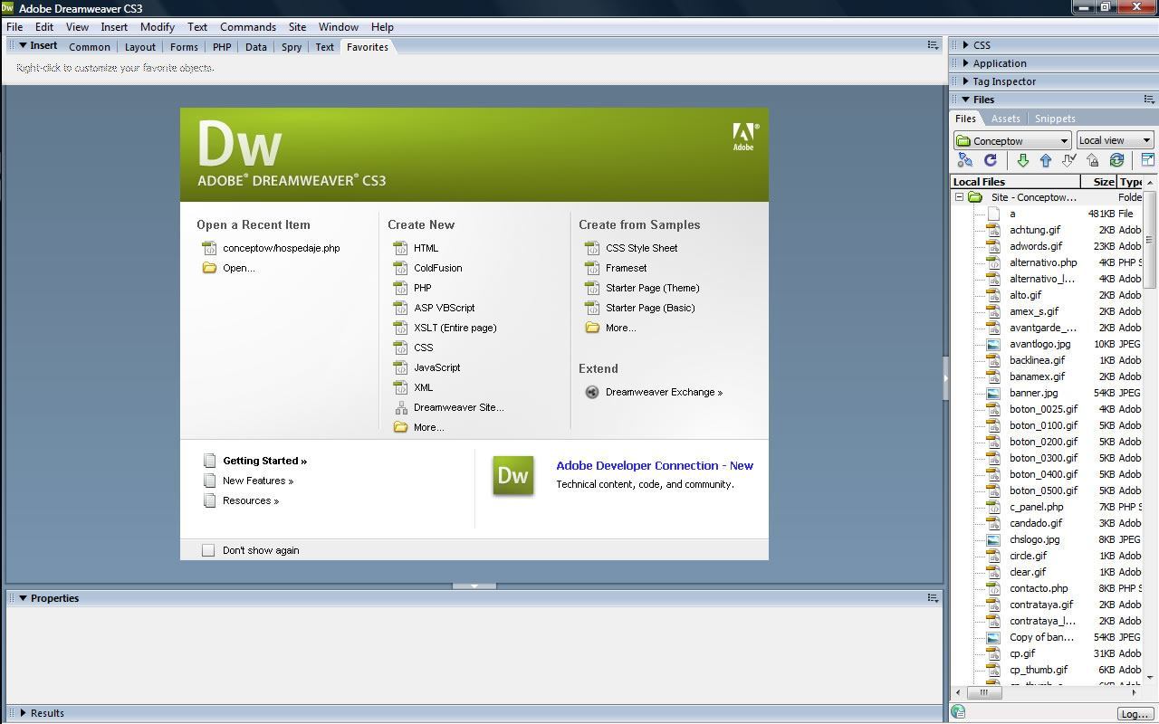 Dreamweaver main interface