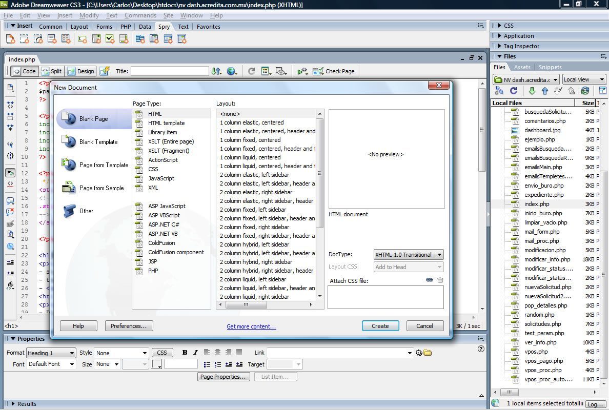 Dreamweaver Create New File screen