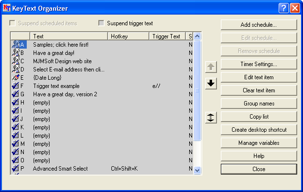 KeyText Organizer Window