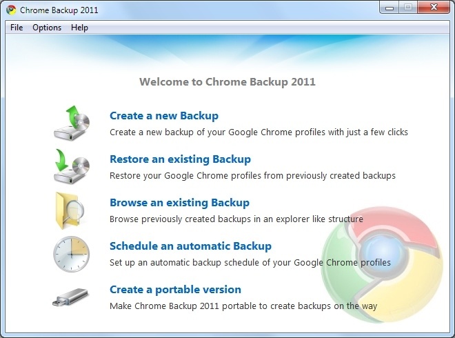 Chrome Backup 2011 Main Window