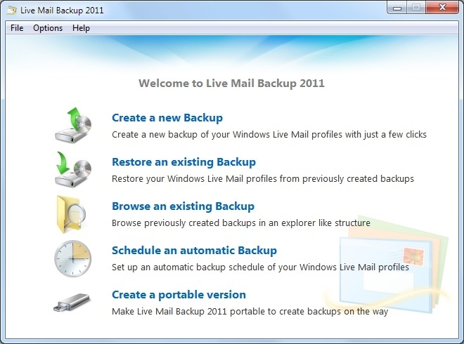 Live Mail Backup 2011 Main Window