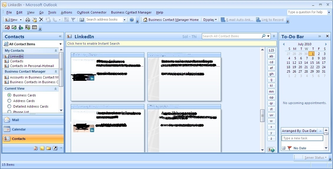 LinkedIn Contacts View in Outlook
