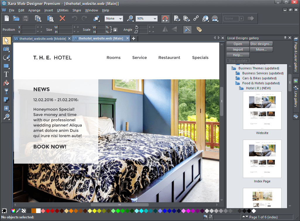 Hotel is one of more than 150 business themes included in Xara Web Designer